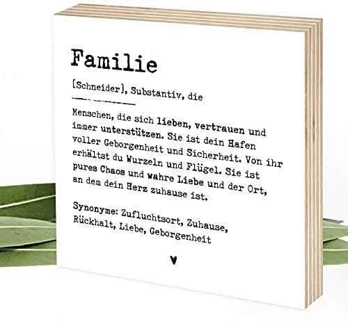 Wunderpixel® personalisiertes Holzbild Definition Familie - 15x15x2cm zum Hinstellen/Aufhängen, echter Fotodruck mit Spruch auf Holz - schwarz-weißes Wand-Bild Aufsteller Zuhause zur Dekoration