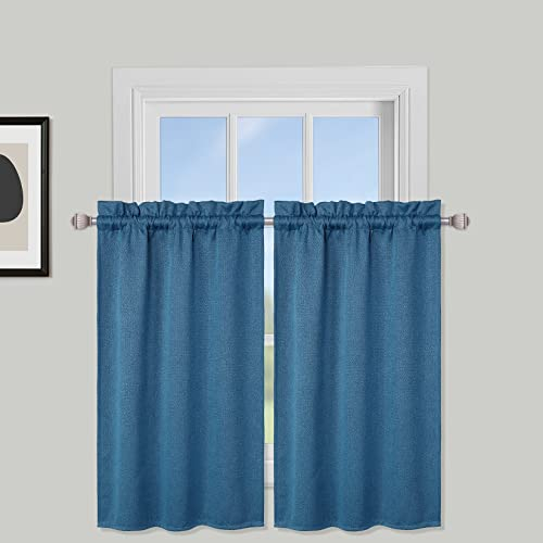 LuxFocus Scheibengardine Bistrogardine Blickdicht Kurzvorhang mit Textured Muster Fenster Gardinen für Küche Wohnzimmer Vorhänge Einfarbig Blau B 66 cm x H 61 cm, 2 Stück