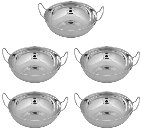 Jazooli Bowl Set - Dinner Set of 5 Stainless Steel Metal Curry Bowls, Balti Dish, Indian Food Serving Dishes with Handles, Kitchen Set Hot or Cold Food, 21cm Diameter Dishes Set