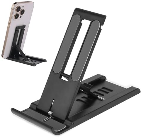Amaxiu Cell Phone Stand, 6 Speed Foldable Cell Phone Holder Mini Portable Tablet Stand Desktop Mobile Phone Stand Cellphone Cradle Compatible Phone Tablets, Black