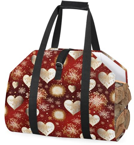 cfpolar Weihnachten Schneeflocken Rote Herzen Brennholz Log Carrier mit Griff, Große Kapazität Brennholz Aufbewahrungstasche Holz Tragetasche Kamin Holzofen Zubehör Halter für Camping BBQ Kamin