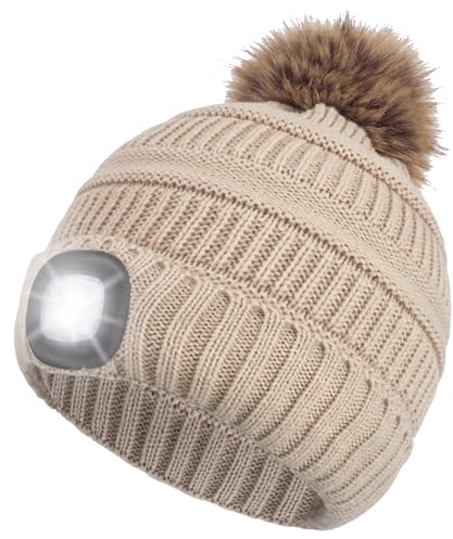 LED Mütze mit Licht Kinder, USB Wiederaufladbare Beanie Strickmütze für Jungen und Mädchen, Wärmer Beleuchtete Mütze mit Taschenlampe, LED Wintermütze für Jogging, Camping, Angeln, Walking, Ski -Khaki