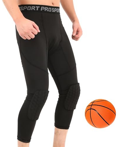 SHAIYOU Pantalones De Compresión 3/4 con Rodilleras para Hombre, Pantalones De Baloncesto Frescos Y Secos, Mallas Anticolisión, Baloncesto De Fútbol, Ropa Interior Deportiva (Black,M)