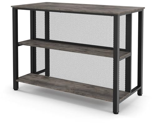 GiantexUK Liquor Bar Table, 3-Tier Wine Bar Cabinet with Storage Shelves & Adjustable Foot Pads, Metal Frame Rectangular Kitchen Table for Dining Living Room Cafe Bistro (Grey)