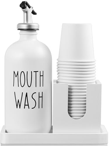 Dispenser per collutorio in vetro per bagno, dispenser per collutorio con beccuccio e portabicchieri e vassoio in legno, contenitore per bottiglie per collutorio, decorazione e accessori per il bagno