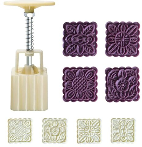Asudaro Set med månkakformar, handpressad månkakform måne kakform verktyg dekoration runda och fyrkantiga blommönster, 4 blomstycken, 125 g, kvadrat