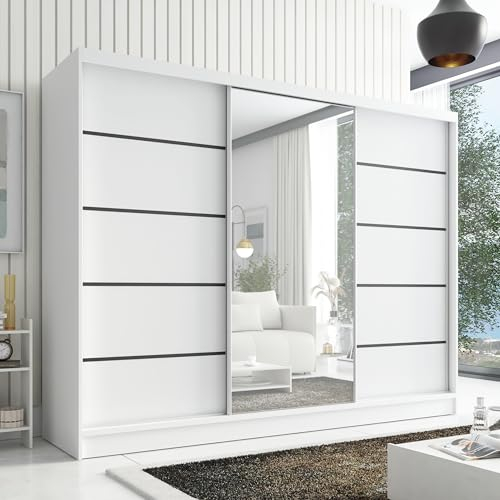 A&J MöbelLand Schwebetürenschrank VIDA, 3-türig Kleiderschrank 200cm mit 4 Schubladen, und Spiegel, Garderobe 200 cm (Weiß)
