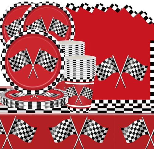 73 piezas de Vajilla para fiesta de cumpleaños de coches de carreras incluyendo platos de Papel, Vasos, Servilletas y Manteles para una fiesta Temática de coches de Carreras para 24 Personas.