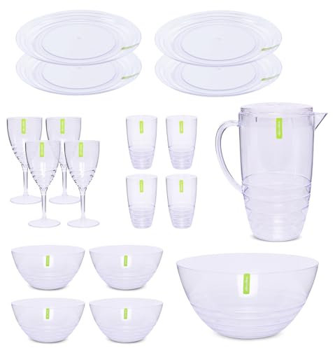 Alex Nash Clear Plastic Picnic Set – Reusable Dinner Set with 4 Dinner Plates, 4 Bowls, 4 Tumblers, 4 Wine Glasses, Serving Bowl & Jug for Camping, BBQs & Outdoor Dining - FULL SET