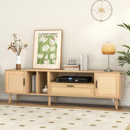 Mueble TV con decoración de ratán Mueble de TV con 2 Puertas Cajón Patas de Madera Maciza Tablero bajo de hasta 80 Pulgadas Mueble de TV Tablero de Mesa Color Madera 180 cm