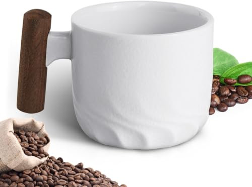 Vicloon Espresso Cups, Ceramic Coffee Mug, Coffee Cup with Wooden Handle Espresso Shot Cups, Retro Handmade Glazed Water Cup Mug, Home Office Porcelain Mugs for Tea, Coffee, Espresso (70ml)-White