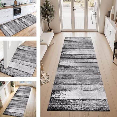 ZESEWU Teppich Läufer Flur Küche rutschfest Grau 70X300CM Vintage Teppichläufer Kücheläufer Lang Waschbar Meterware Küchenteppich Flurteppich Läufer für Wohnraum Schlafzimmer Kinderzimmer Flurläufer