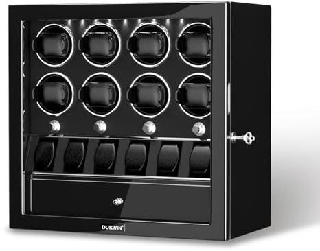 DUKWIN Watch Winder for Automatic Watches Piano Paint 4 Modes Quiet Motor | Lockable Luxury Watch Rotator with Extra Watch Holder,Jewelry Storage,LED Light,Open‑Stop Protection and Adjustable Pillow
