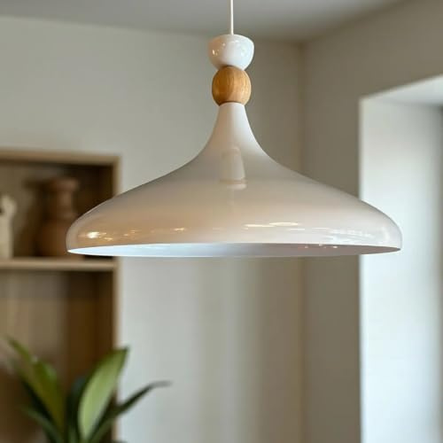 bamyum Champion Pendelleuchte Weiß aus Holz und Metall 35 cm, Hängelampe Esstisch, Küchenlampe Hängend E27, Kinderzimmer, Schlafzimmer, Wohnzimmer