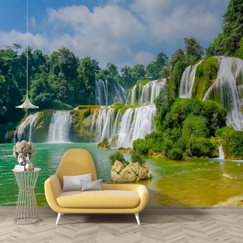 Jungle plants Photo Wallpaper, Waterfall Landscape Mural, Large Peel and Stick Self-Adhesive Wallpaper, Decoration Poster Wall Stickers for Bedroom Living Room TV Wall Decor 390*260cm (W*H) Green