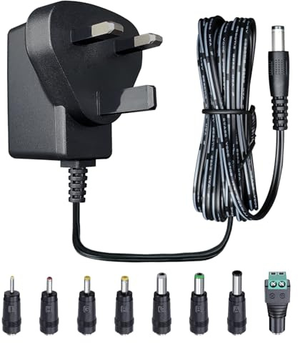 UKCA Certified 9V 0.5A 4.5W Power Supply Adapter with 8 Tips (1.8M Cord), 500mA AC DC Switching Transformer 5.5x2.1mm/4.0x1.7mm/3.5x1.35mm Plug for Exercise Bike, Speaker, Massage Gun, Router, etc