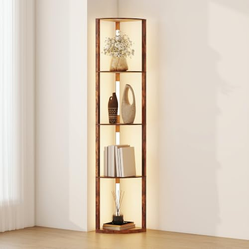 HOMCOM LED Floor Lamp with Shelves 4-Tier Standing Lamp Rustic Brown | Adjustable Brightness, Foot Switch, Modern Corner Display Shelf Unit, Living Room Bedroom Office