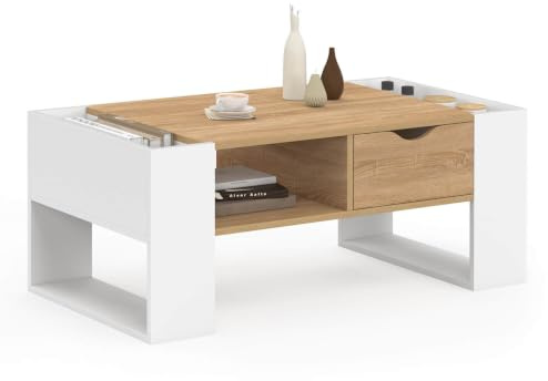 IDMarket - Rechteckiger Couchtisch Beryl mit Schublade aus weißem Holz und Buchenholzoptik