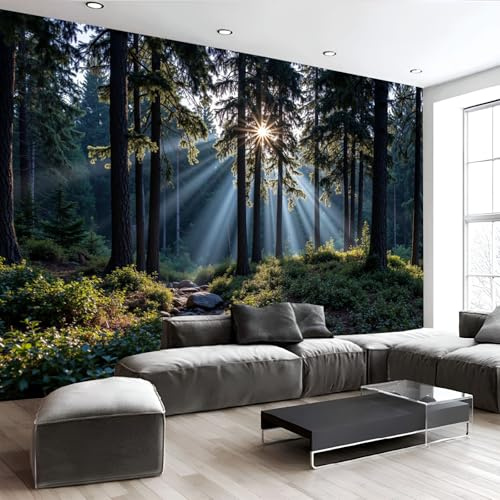 MIATCENRT Beauty Nature Wallpaper Mural, Sunshine Forest Wallpaper for Living Room Bedroom - Modern Dark Green Wall Paper 200x150cm (WxH), Large Mural & Room Decor (Not Peel and Stick)