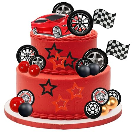 Gdrghe 27PCS Red Racing Car Cake Decorations Checkered Flag Tire Cake Toppers Hot Wheels Birthday Party Decor for Men Kids Baby Shower