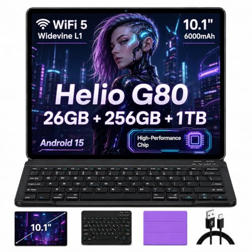 UXD A5 10,1-Zoll-Android-15-Tablet mit Tastatur, 26 GB RAM (8 GB + 18 GB erweitert), 256 GB Speicher, auf 1 TB erweiterbar, Octa-Core, HD-IPS, WLAN 5, 6000 mAh, Maus und Schutzhülle Lila