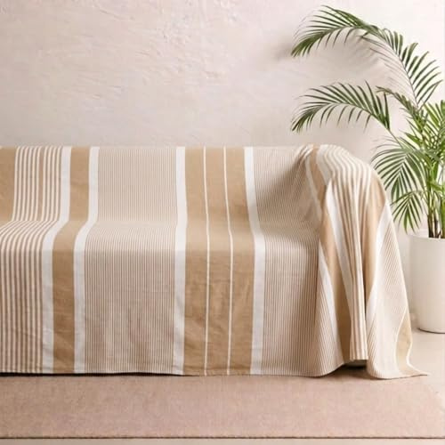 MOMOMUS Überwurfdecke, Sofaüberwurf für den Sommer, 150x200 cm, Beige | leichter Sofaüberwurf mit eingewebten Streifen, ca. 195 g/m², für Sessel und Sofas