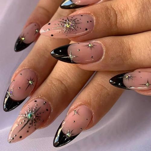 Long Stiletto Press On Nails with Dark French Design and Glossy 3D Star Rhinestones - Full Cover Acrylic False Nails Set with 12 Sizes for Daily Wear or Party Manicure Ideal for Women