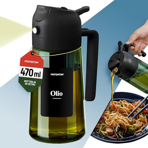 PORTENTUM Pulverizador aceite spray 470 ml 2 en 1 con función y vertido – aceitera antigoteo vidrio verde con protección a la luz – con etiquetas multidioma – Air fryer ensaladas y parrilla