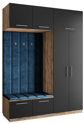 Masseno Flugarderoben Set Rema, Kleiderschrank-Set mit Sitzbank, Garderobenschrank Flur mit 5 Regalböden, Eiche Lefkas/Schwarz