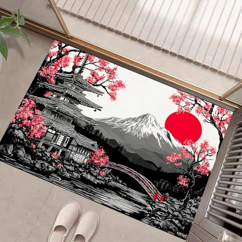 HASLEFND Fußmatte Innen 40 x 60 cm, Japanischer Ukiyo-e-Stil Pagoden-Kirschblütenbaum Teppich Kleiner, Weicher rutschfest Kurzflor Teppich Waschbar für Eingangsbereich, KücheGraurot