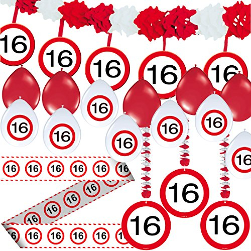 CARPETA 23-TLG. Partyset * 16. Geburtstag * mit Verkehrschild Deko: Girlande + Rotorspiralen + Absperrband und vielen Luftballons Dekoset Dekobox Verkehrsschild
