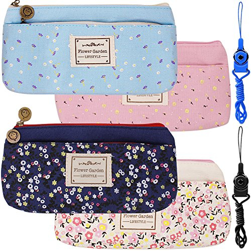4 Pack Blumen Blumensegeltuch Kugelschreiber Bleistifttaschen Taschen, FineGood Schreibwaren Beutelhalter mit doppelten Reißverschlüssen für Schulstudenten Kinder