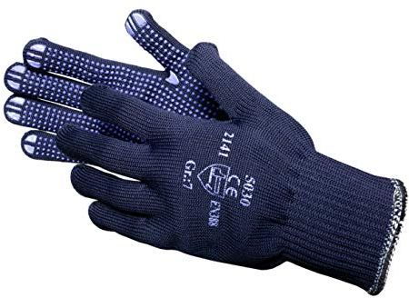Jah 12 Paar JAH 5030 Feinstrick Handschuhe blau mit Noppen gute Passform ohne Nähte griffsicher atmungsaktiv waschbar 70% Polyester außen 30% Baumwolle innen hochwertige mittelschwere Qualität Gr. 8
