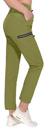 Little Donkey Andy Damen Outdoorhose Elastische Wanderhose Leicht Atmungsaktiv Trekkinghose Funktionshose Schnelltrocknend UPF 50 mit Kordelzug Reißverschlusstasche Oliv L