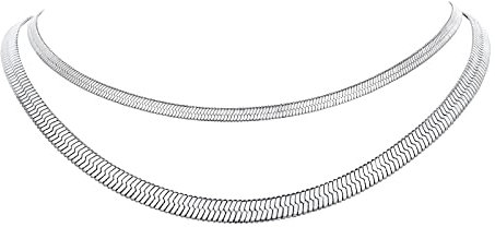 FindChic Stainless Steel 18K Gold/Rose Gold Plated Choker Necklace Thick Flat Herringbone Chains for Women Snake Link Chain Necklaces 12.5inch-18.5inch Adjustable, with Jewelry Box