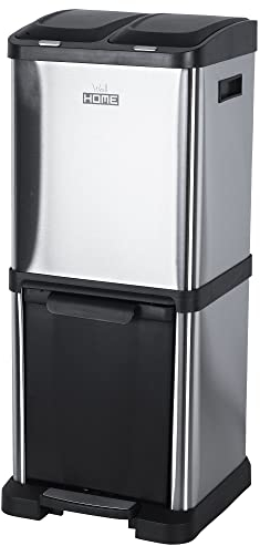 WELLHOME MOBILIARIO & DECORACIÓN Cubo de Reciclaje ecológico 32 litros, 3 Compartimentos (2x8L + 1x16L), Cubos de Basura para Papel/Vidrio/Plástico,para Hogar/Oficina/Interior, Acero Inoxidable