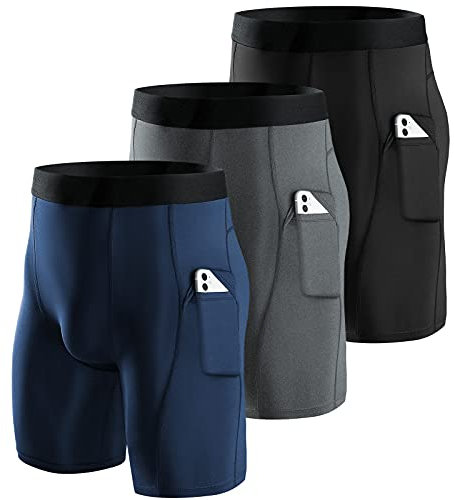 Niksa 3 Pack Mens Compression Shorts Running Base Layer Shorts Men’s Compression Workout Shorts with Cell Phone Pockets Tight Dry and Breathable Sports Shorts for Running,Black,Grey,Navy Blue,S.