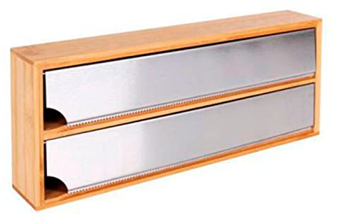 Acan Dispensador de Papel de Aluminio para cajón, bambú, 33 x 13 x 5,5 cm. Acero Inoxidable. 2 compartimentos con cantos en forma de sierra para cortar el papel