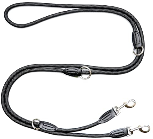 Leisegrün Verstellbare Hundeleine 3m - Robuste Nylon Doppelleine für mittelgroße bis große Hunde, 200kg Zugkraft, 2 Karabiner - Schwarz