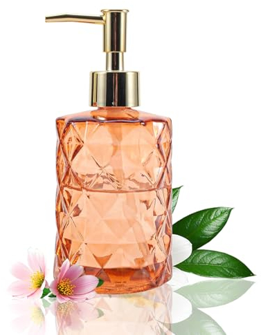 YCWF Distributeur de savon en verre orange transparent avec pompe dorée, distributeur de savon pour la cuisine, savons pour les mains, lotions, huiles essentielles 355 ml