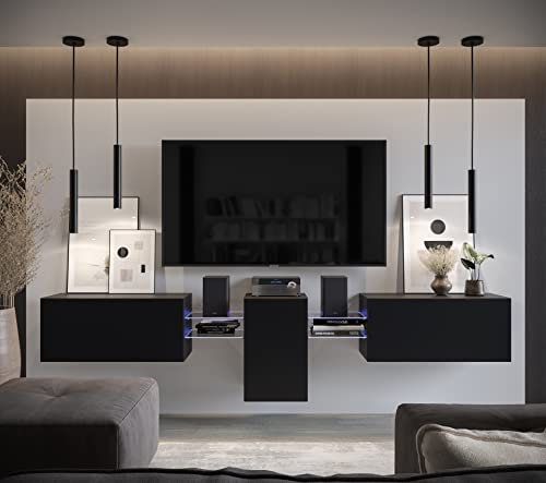 Furnitech Wohnwand Wohnzimmer | Wohnzimmer Möbel mit LED Weiß | Hängend Wohnwand Modern | Wohnzimmer Schrankwand mit Regale und TV Schrank (AN98-21B-M4-1B)