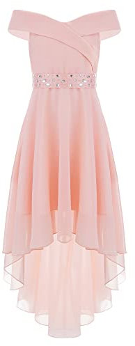 Freebily Enfant Robe De Mariage Hors Épaules Ouverte Fille Robe de Cérémonie Ceinture Strass Asymétrique Robes de Soirée Fête Anniversaire Bal Rose 15-16 Ans