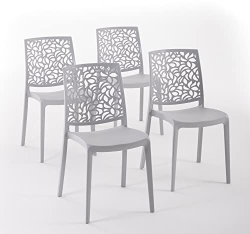 Sillas de resina moderna apilables de polipropileno con fibra de vidrio, para interior, cocina o comedor, exterior y jardín, sillas de restaurante y contract - Anna (4 Sillas, Gris claro)