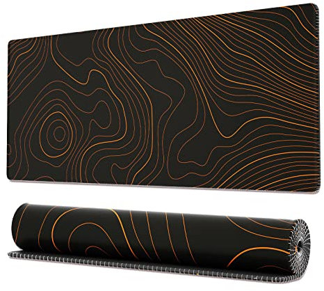 Ovenbird Large Gaming Mouse Pad with Stitched Edges, Topographic Map Desk Mat, Extended XL Mousepad with Anti-Slip Base, Cool Desk Pad for Keyboard and Mouse, 31.5 x 11.8 in, Black and Orange