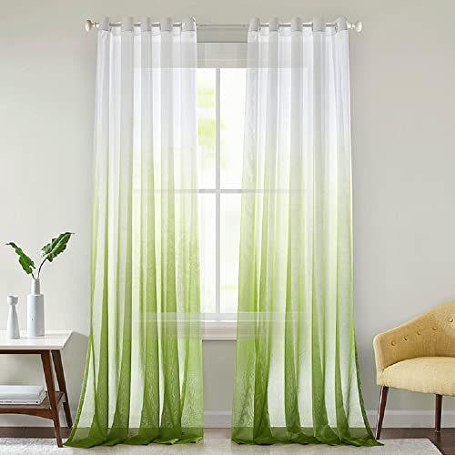 Lanqinglv Gardinen Vorhänge Transparent Farbverlauf Voile Sheer 2er Set Weiß Grün Vorhang mit Ösen Ösenschals Dekoschal Fensterschal für Schlafzimmer Wohnzimmer 132x244cm (B x H)