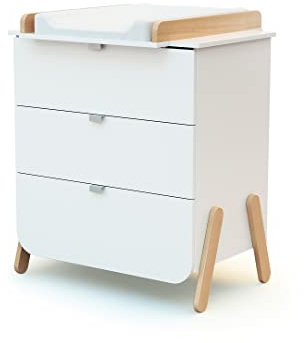AT4 - Commode à langer 3 tiroirs en bois PIRATE Blanc et Hêtre|Plan à langer amovible inclus|79 x 66 x 84,5 cm|Pour chambre bébé