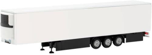 Herpa LKW Modell 15 Meter Kühlkoffer-Auflieger mit Palettenkasten und hinterer Seitenverkleidung, weiß, Miniatur im Maßstab 1:87, Sammlerstück, Made in Germany, Kunststoff