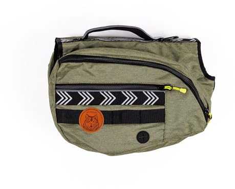 Wilderdog Hunderucksack mit integriertem Geschirr und rückseitig montierter D-Ring-Leinenbefestigung, Griff, zwei Satteltaschen mit 4 Taschen insgesamt, integrierter Kotbeutelspender (Olivgrün, mittel