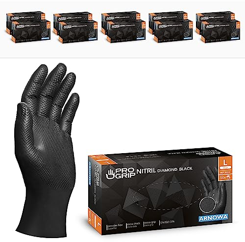 PROGRIP Einweghandschuhe Diamant Grip, Schwarz, Einmalhandschuhe Extra Stark, Nitrilhandschuhe Gr. L, 2x dicker, Handschuhe Einweg, Arbeitshandschuhe für Werkstatt & Montage, 500 Stück (10x50 Stk)