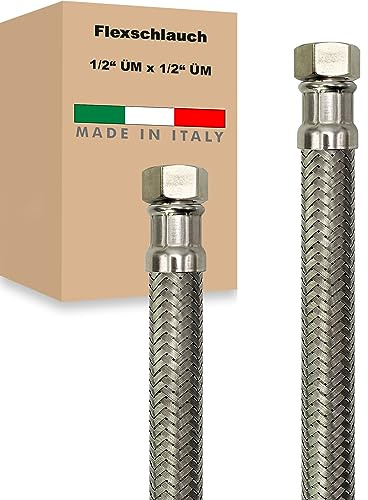 Flexschlauch ÜM x ÜM Edelstahl Panzerschlauch Anschlußschlauch Sanitär Armaturenschlauch Hauswasserwerk Made in Italy (1/2 x 1/2 - 1000 mm)